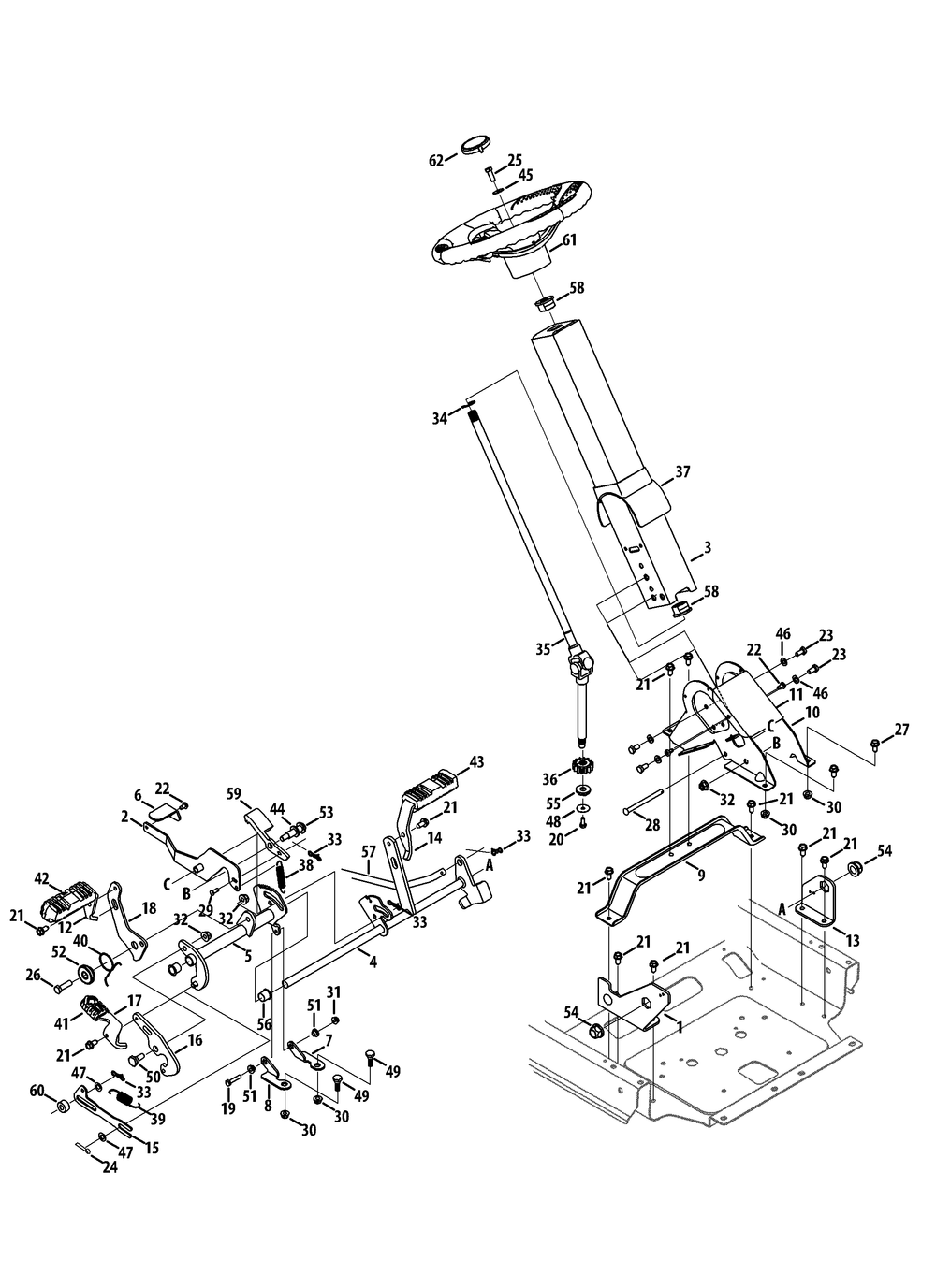 Steering Column And Pedal Controls Diagram and Parts List for RZT-S42 (17AFCBDS010-17AFCBDS056-17WFCBDS010-17WFCBDS056)(2013) Cub Cadet Lawn Tractor